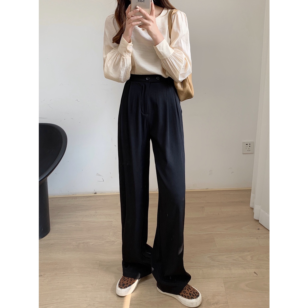 [Import]Celana Panjang Hitam Loose Kancing Dua Wanita Korean Style High Waist Straight Pants