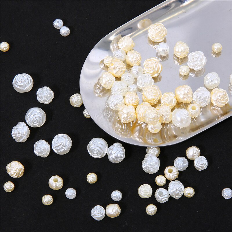 50-300 Pcs 6-12 Mm Pola Mawar Diukir Matte Bulat Putih Mutiara Imitasi untuk DIY Kerajinan Dekorasi Fashion Perhiasan Aksesoris