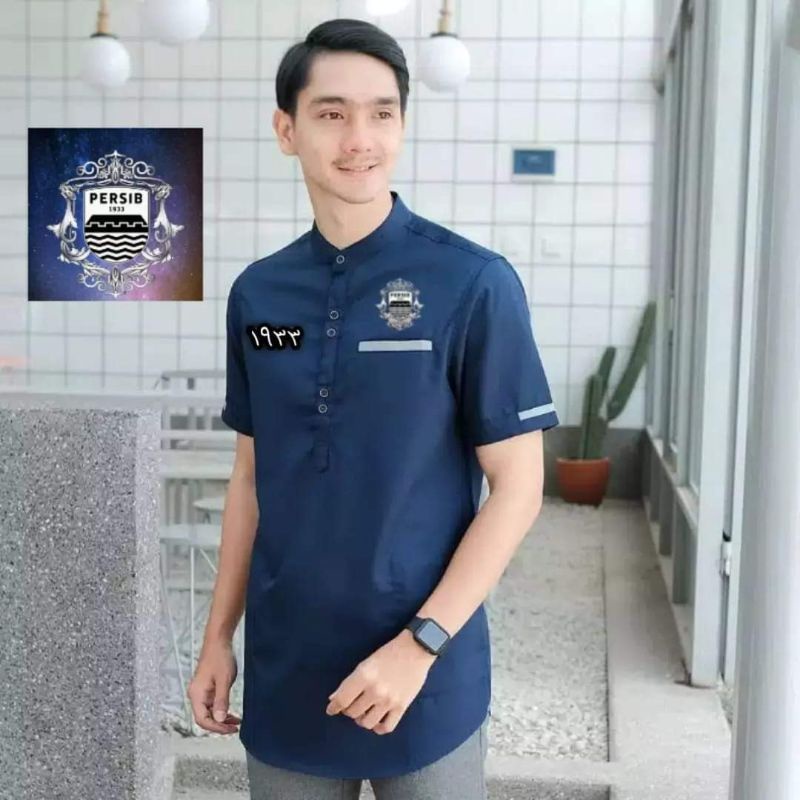 Baju koko spesial persib bandung pria dewasa lengan pendek putih navy baju atasan fashion muslim ter