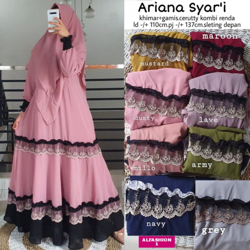 [BISA COD] Set gamis Ceruty ARIANA SYARI Lilac ,, aplikasi Renda import Cantik,premium , termurah