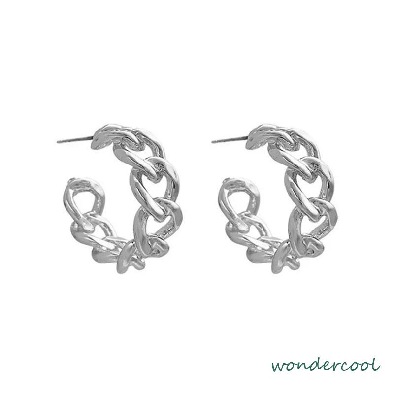 Anting Stud Model Rantai Rongga Bahan Logam Gaya Retro -Won