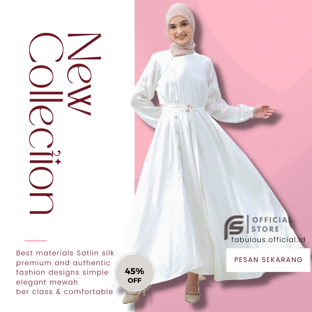 Gaun dress muslimah wisuda pesta kondangan pengantin putih lamaran wanita dewasa mewah satin premium cantik