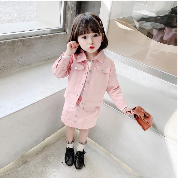 SETELAN LENGAN PANJANG + ROK ANAK CEWEK MODEL KEMEJA CREAM PINK  100-140 KANCING BULAT BULAT