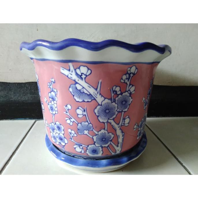 Pot Bunga Keramik Cina Merah Muda Motif Bunga Sakura Besar Dhiqadhiqi