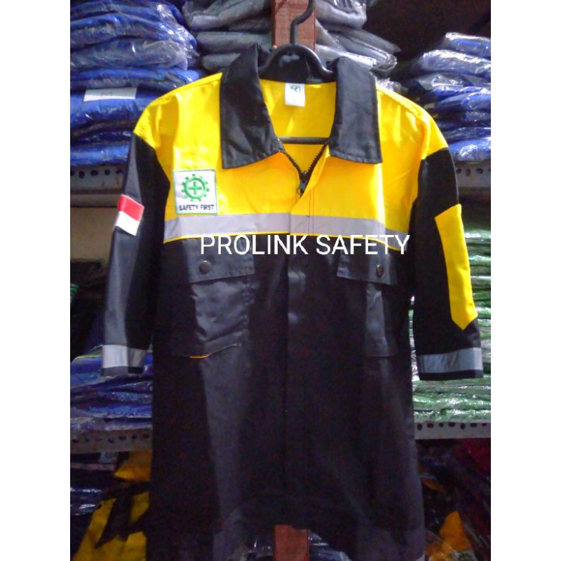 SERAGAM SAFETY LENGAN PENDEK KUNING HITAM RESLETING FREE LOGO K3 BENDERA