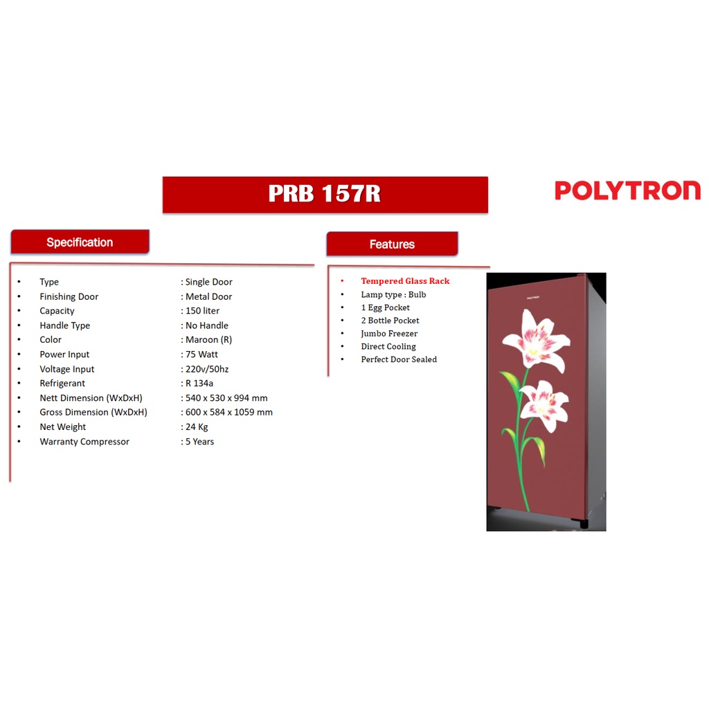 POLYTRON PRB 157 R MERAH MUDA KULKAS 1 PINTU 150 LITER TEMPERED GLASS / PRB157R