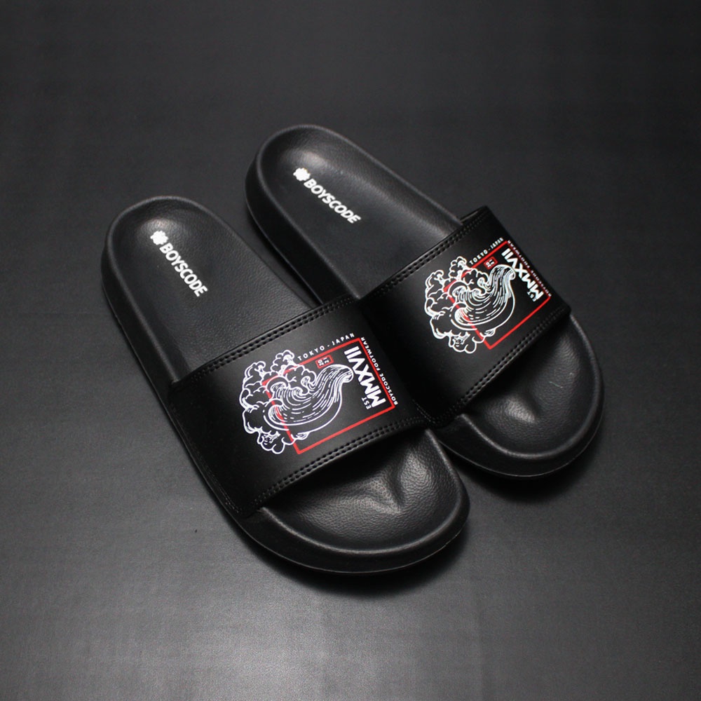 Sendal Selop Pria Wanita Distro Boyscode Japanesse Wind Black / Sendal Slip On Pria / Sendal Slide Pria