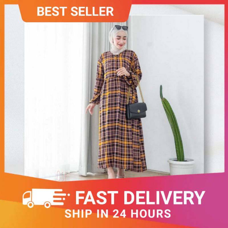 Midi Dress motif kotak korea muslim