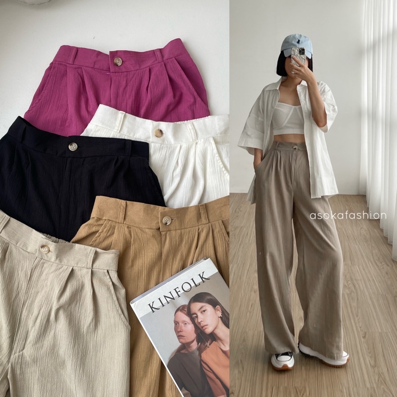 ASOKA Beatrix Pants 1103 - Celana Kulot Linen Crinckle Highwaist I Celana Basic Wanita I Cullote Highwaist