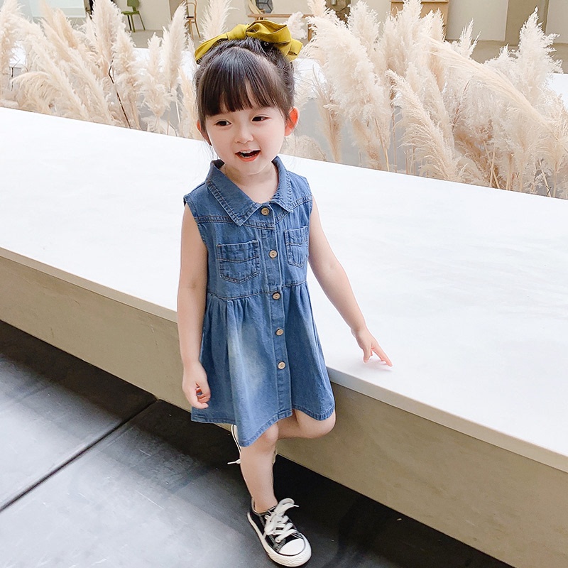 1 - 5 Tahun | Dress Korean Style Dae Hwa / Baju Gaya Elegant Korea Denim Jeans Anak Perempuan kualitas Import Balita Harian Polos Babycinnamon