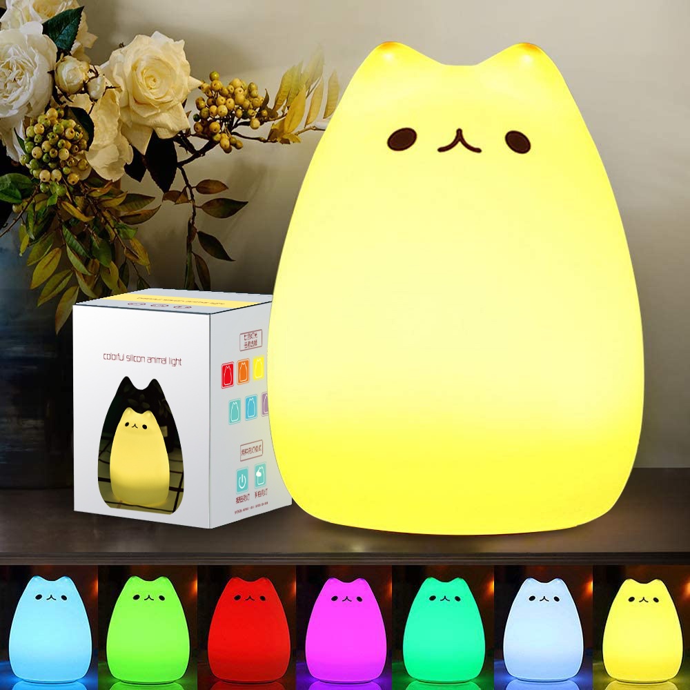 Lampu Tidur 7 Warna Bentuk Kucing Bahan Silikon Dengan Sensor Sentuh Untuk Kamar Anak