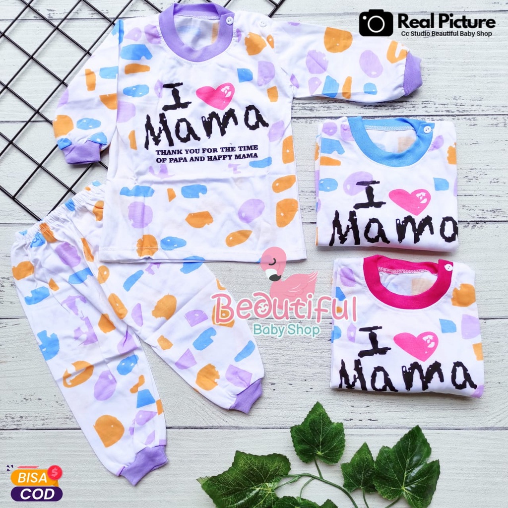 Baby.ou - Setelan Baju Bayi Perempuan Tangan Panjang Celana Panjang Usia 3-12 Bulan Motif Love Mama / Setelan Piyama Bayi Perempuan / Baju Tidur Bayi