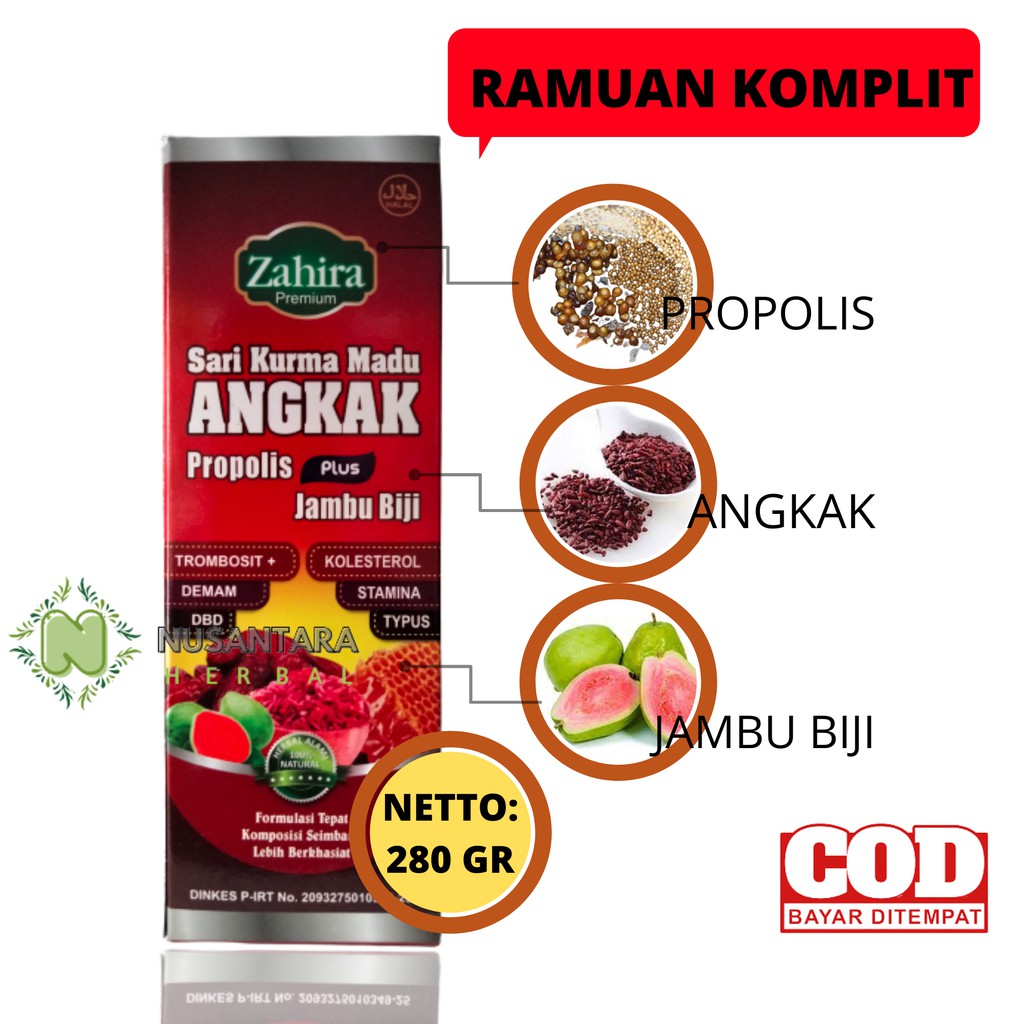 

SARI KURMA MADU ANGKAK PROPOLIS PLUS JAMBU BIJI AMPUH MENAMBAH TROMBOSIT 280 GRAM