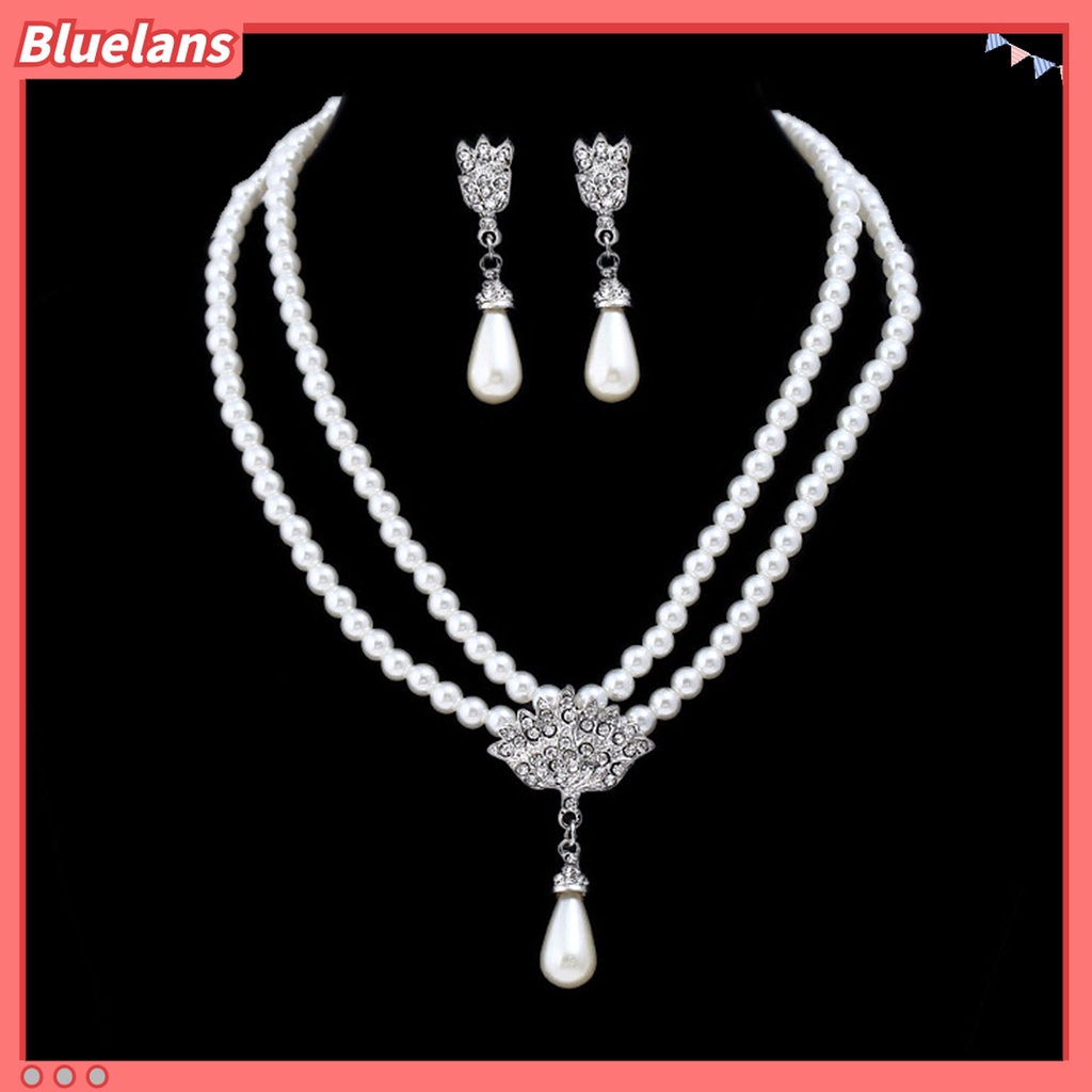 1 Set Kalung Anting Stud Mutiara Tiruan Dua Lapis Dapat Disesuaikan Tahan Lama Untuk Pernikahan