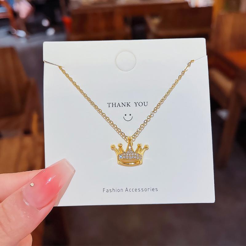 XiaoboACC Kalung Rantai Clavicle Titanium Steel Hias Mahkota Ratu Zircon Mikro Gaya Korea - 40CM+6CM