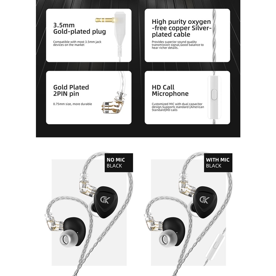 GK GSE 1BA+1DD Driver Unit HiFi In Ear Monitor Earphone Sports Music Headset 2Pin Headphone Earbuds G1 GST G5 GS10 CCA NRA CA2