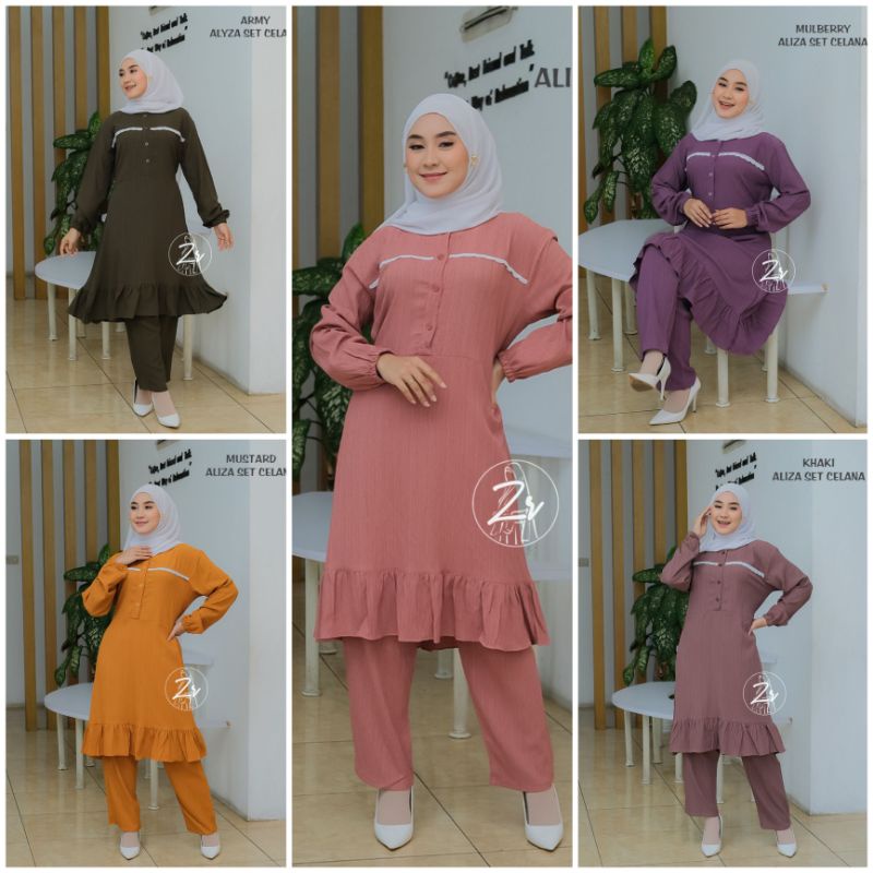 SETELAN KEMEJA / TUNIK KHANZA ALIZA ADINA by ZR original one set atasan celana busana muslim muslimah outfit terbaru crincle wanita busui