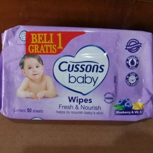 Cussons Baby wipes Ungu, Fresh &amp; Nourish, Blueberry &amp; Vit E 50 sheets