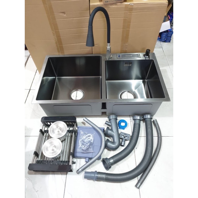 KITCHEN SINK BLACK HITAM / bak cuci piring 2 lubang stainless SUS304 tebal 3mm 82X45 ANTI KARAT