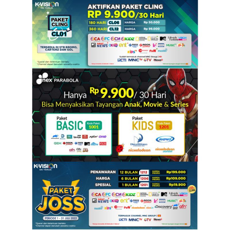 Paket Nex Parabola paket Kvision Cl01, Joss, Basic & Kids