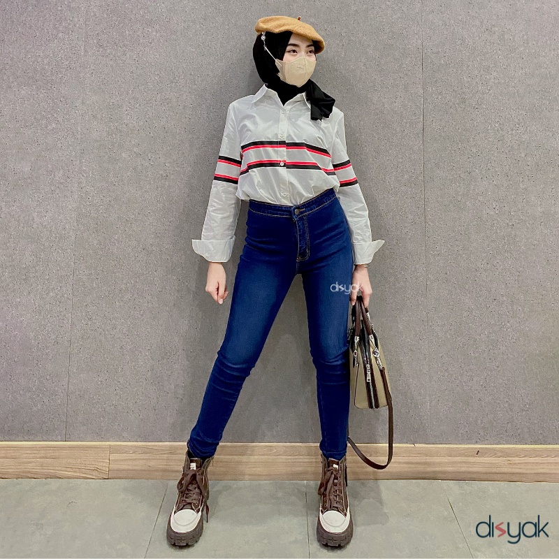 DISYAK - HIGHWAIST Navy Spray Premium Soft Jeans Strecth 7004-9004