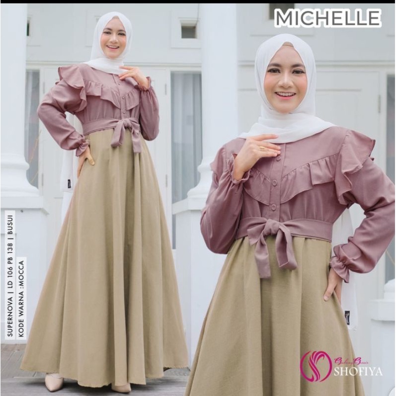 Dress Michelle Ori by Shofiya supernova LD 108/PB 138 busui gamis tali pinggang gamis polos rempel