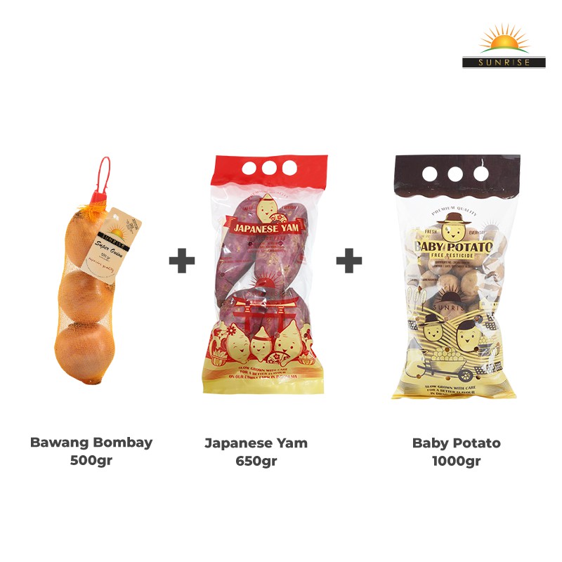

SUNRISE BAWANG BOMBAY [500 GR] + SUNRISE JAPANESE YAM [650 GR] + SUNRISE BABY POTATO [1000 GR]
