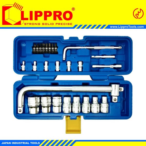 LIPPRO 3338MB KUNCI SHOCK SET 28 PCS 6PT BOX PLASTIK 1/2 &amp; 1/4 DR SOCKET