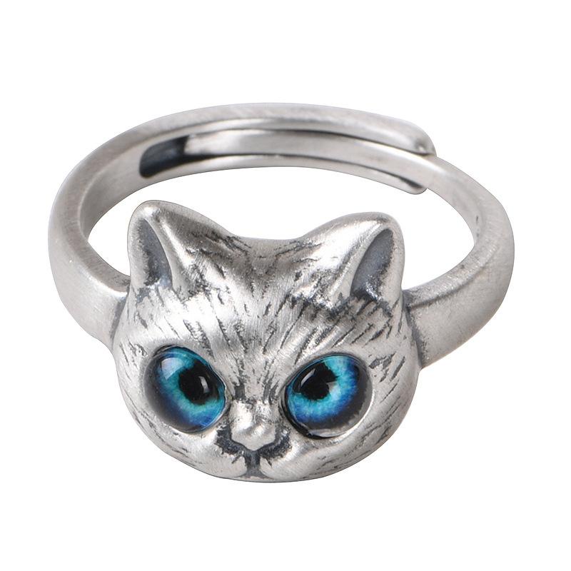 Cincin Wanita Desain Kepala Kucing Mata Besar Gaya Casual Adjustable Untuk Pestahadiah