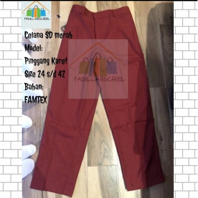 Celana SD Merah Panjang Karet Seragam Sekolah Bahan Famatex