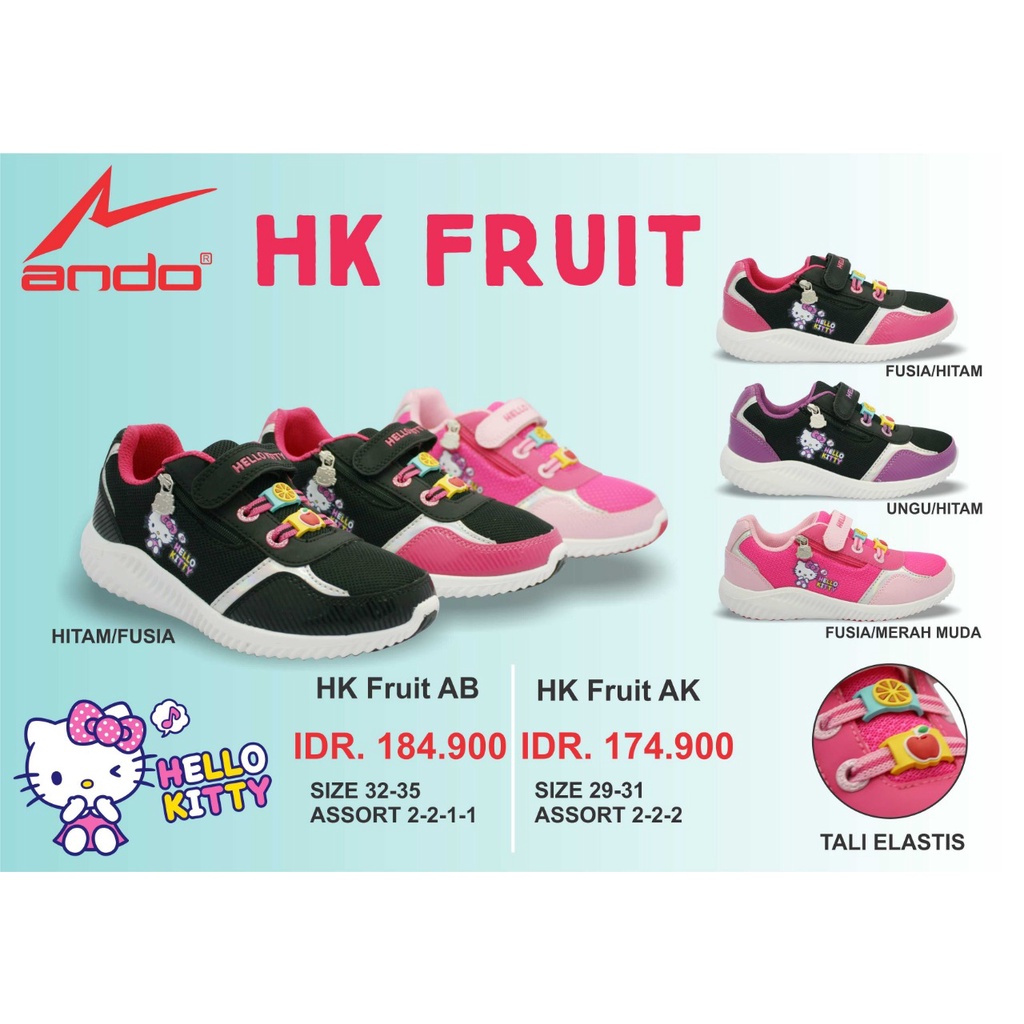 SEPATU ANDO ANAK HELLO KITTY HK FRUIT SNEAKERS ANAK 100% ORIGINAL KUALITAS IMPORT ANTI SLIP AWET SOL NYAMAN EMPUK