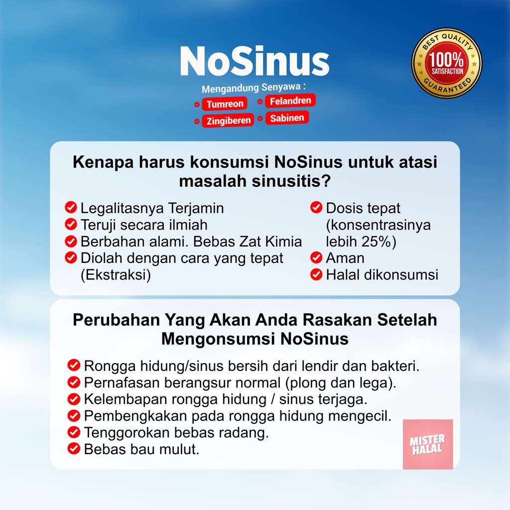 NOSINUS Obat Penyakit Sinusitis 100% Alami, Solusi Sinus, Nyeri Dada, Gangguan Pernapasan, Sakit Tenggorokan, Kapsul Herbal Gurah - Atasi Batuk Berdahak, Tidur Mendengkur / Ngorok