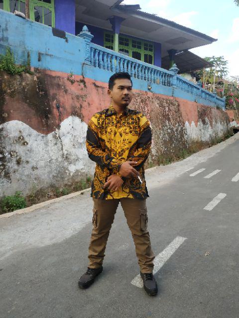 Batik Solo Cendono Kuning Kemeja Pria Katun Cabut Sragenan Full Furing