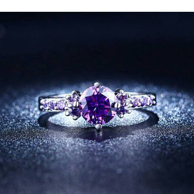 Cincin Berlian Silver Emas  Putih  Batu Ungu Amethyst 