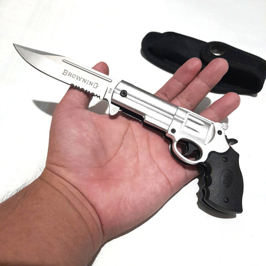 Pisau  Pistol  Lipat Lengkap dengan Sarung Nylon Full METAL bukan Plastik Tahan Karat Multifungsi