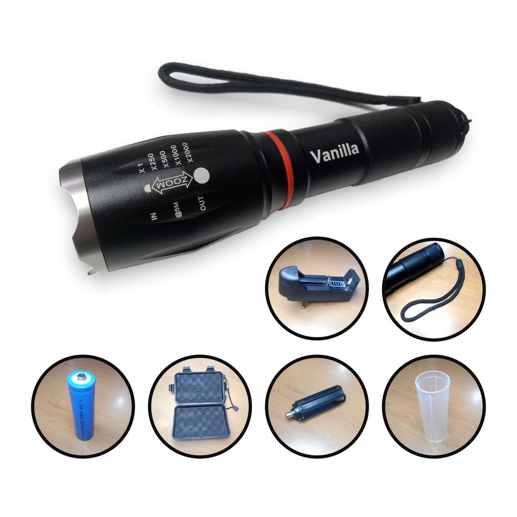 Paket Senter LED 8000 Lumens Zoomable 5 Mode Torch Police Tactical