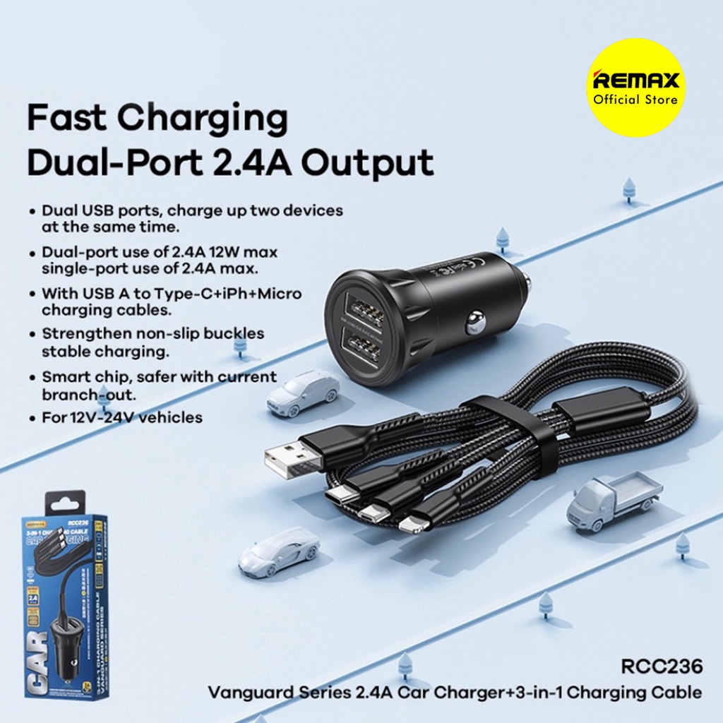 Remax Vanguard RCC-236 Car Charger 2 Port + Kabel 3in1 Original
