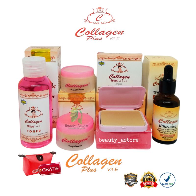 Paket Krim Collagen plus VIT-E,Paket set Cream siang,Cream malam,sabun,toner,bedak,serum whitening O