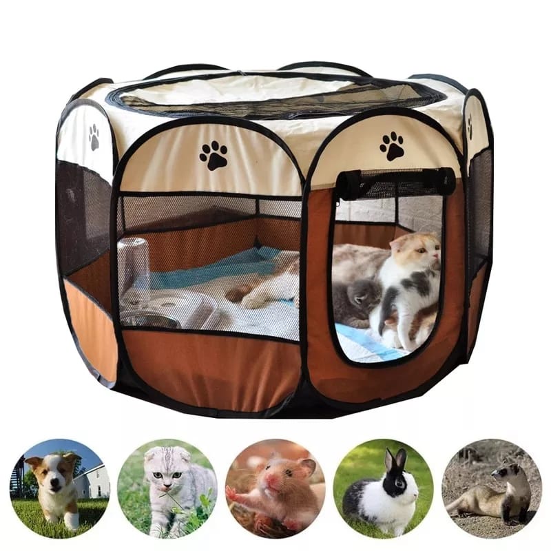 Kandang Lipat Tenda Hewan Big Size Portable Pet Cage Folding Pet Tent Octagonal-Brown