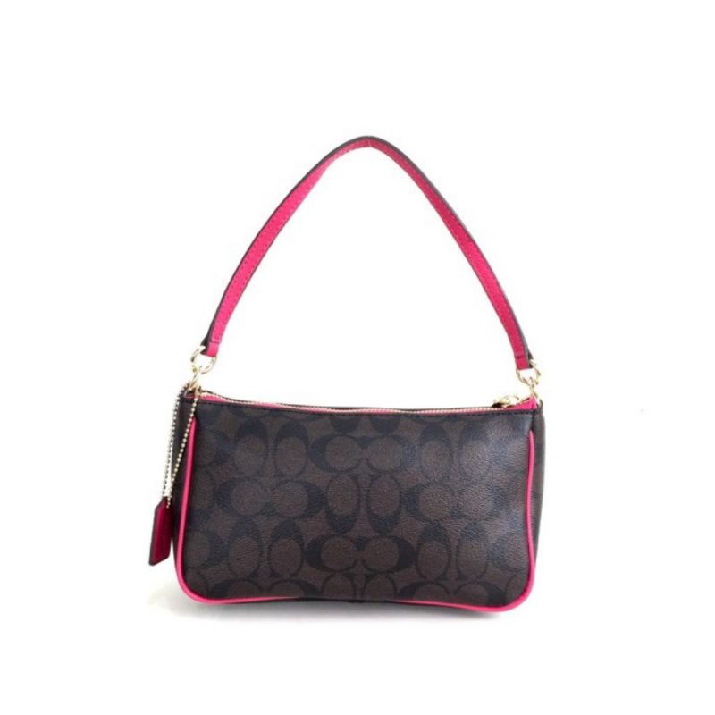 COACH SIGNATURE TOP HANDLE POUCH DARK BROWN LIST PINK(C36674)