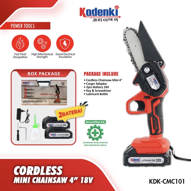 Chainsaw Cordless Mini 18V 4 Inch Kodenki Mesin Gergaji Potong Kayu Pohon Baterai Batre Chain Saw Portable 4&quot;