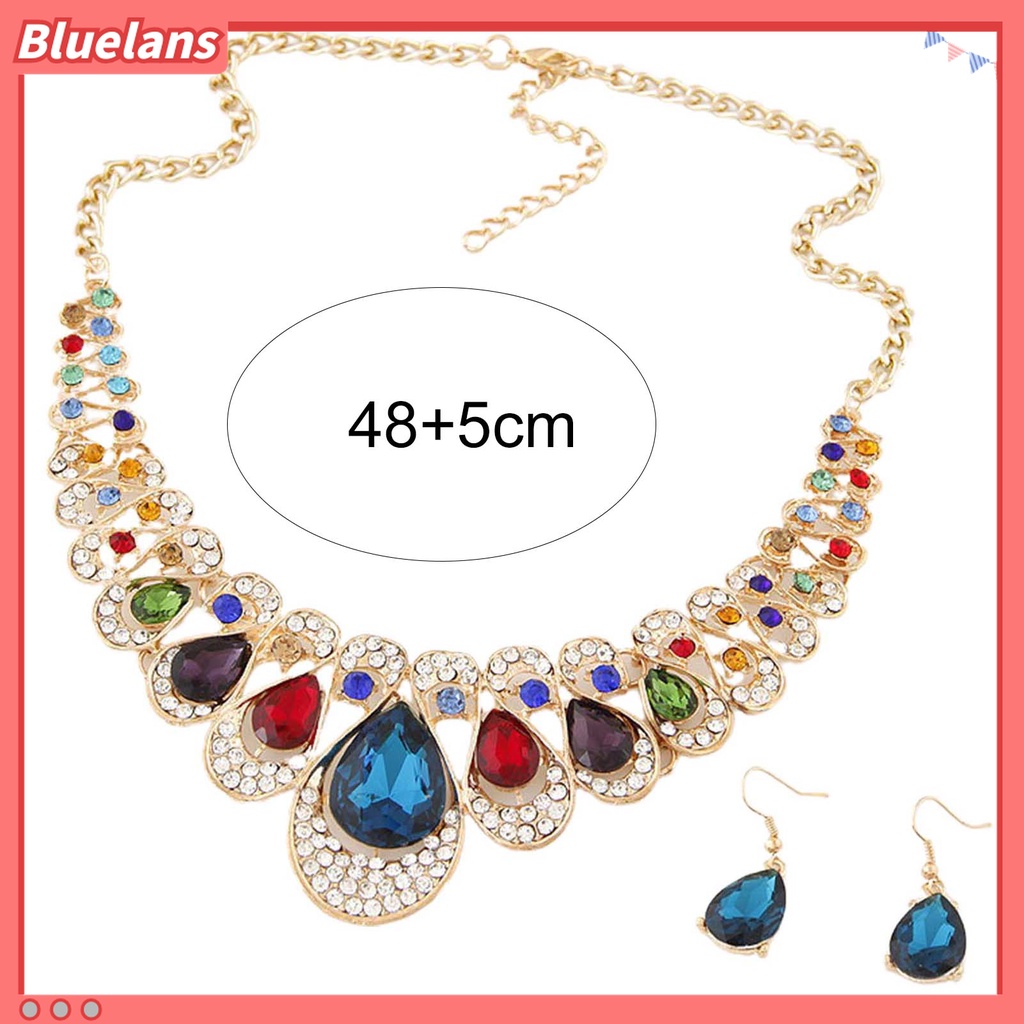 Bluelans 2Pcs / Set Anting Dan Kalung Liontin Batu Permata Imitasi Bentuk Tetesan Air Warna-Warni