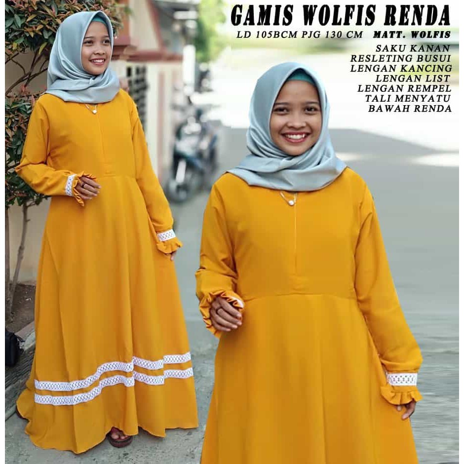 Gamis polos  wolfis renda bawah