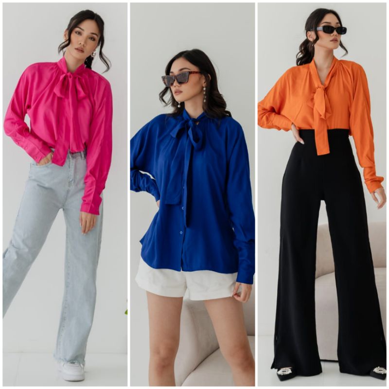 ⚡️CLEARANCE SALE ♡ PREMIUM ♡ ORIGINAL ! CATNISS BIG SIZE LONG SLEEVE NECK TIED PLAIN BUTTON SHIRT / ATASAN KEMEJA LENGAN PANJANG POLOS JUMBO ADEM ( BUSUI FRIENDLY )