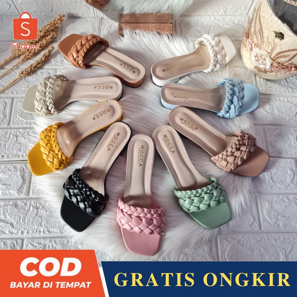 Sandal Wanita Slop Selop Hak Tahu Rendah Kepang Terbaru Casual Simple Bisa Buat Cewek Remaja Dewasa 