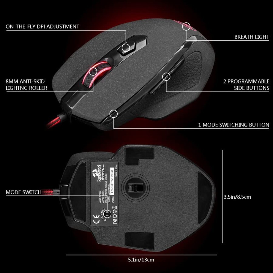 Redragon Mouse Gaming Wired Optical 3200 DPI Macro M709-1 Tiger 2