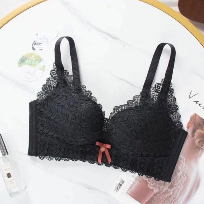 ANGELA PREMIUM JAPAN Bra BH Push Up Set Tanpa Kawat Celana Dalam Wanita Bikini Sport Beha Lingerie Korea Fashion Bralette Remaja Perempuan Sexy Pakaian Dalam COD Renang Motif Cewek Pita Bunga Murah Maria Jumbo-Hitam