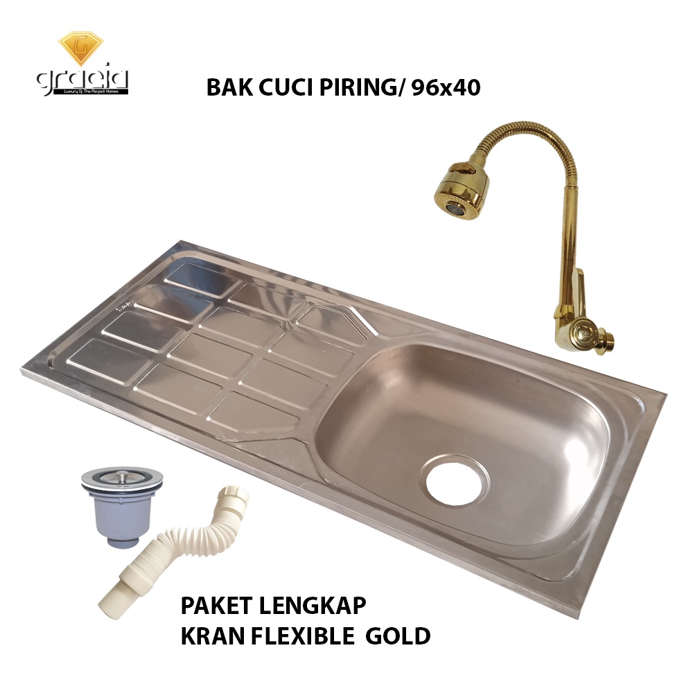 Bak/Wastafel Cuci Piring Stainless 96 x 40 cm Bak Cuci Piring Paket Lengkap Kran Minimalis Flexible