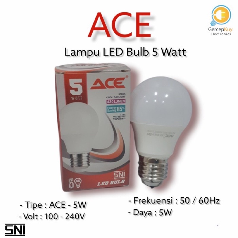 Lampu LED Bulb ACE Putih 5W / 5Watt Putih Garansi E27