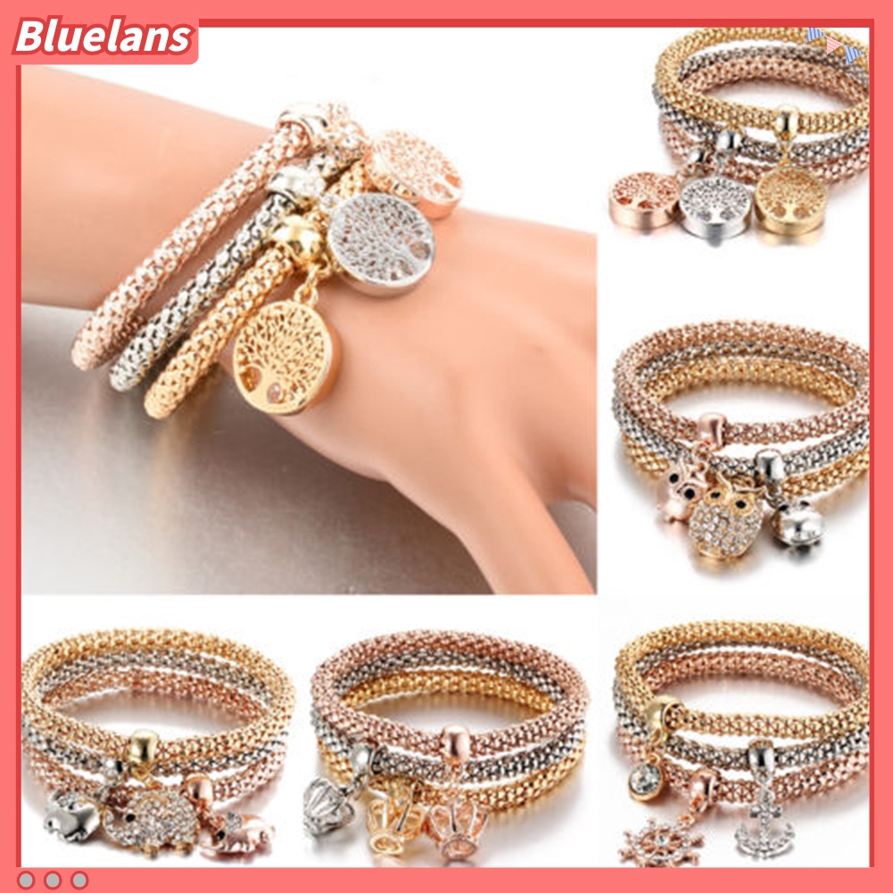 Bluelans 3Pcs Women Fashion Owl Tree Bracelets Rhinestone Pendant Bangle Jewelry Gift